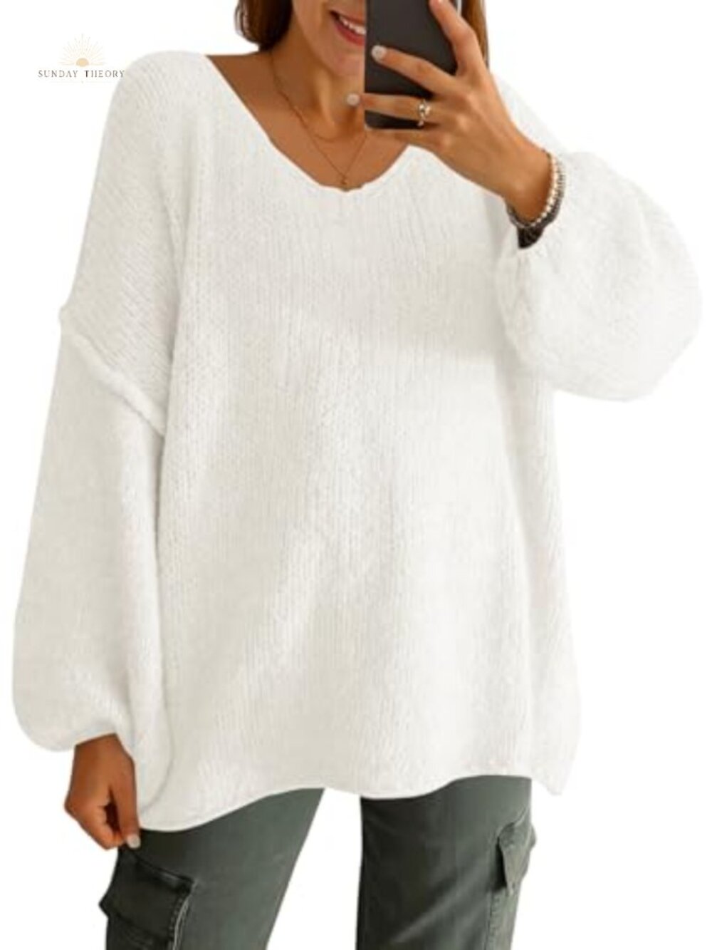 Oversized V Neck Chunky Ribbed Knit Lantern Sleeve Pullover Sweater